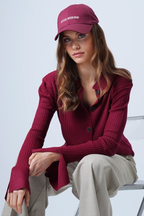 Polo Yaka Önü Düğmeli Fitilli Kolları Balenli Triko Bluz