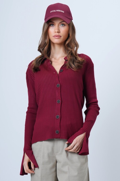 Polo Yaka Önü Düğmeli Fitilli Kolları Balenli Triko Bluz