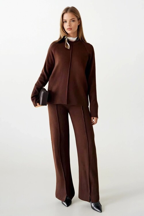 Şal Detaylı Çımalı Bluz ve Palazzo Pantolon Triko Takım