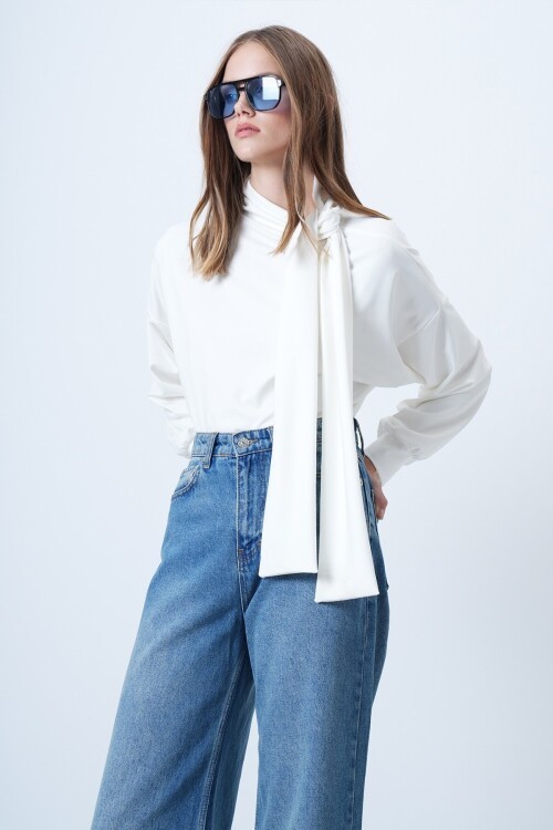 Şal Detaylı Regular Fit Modal Kumaş Bluz