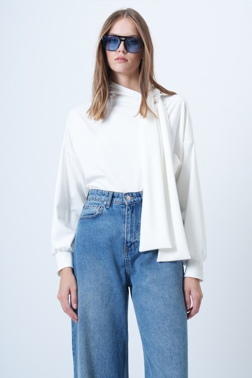 Şal Detaylı Regular Fit Modal Kumaş Bluz