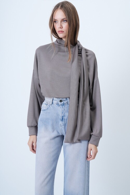 Şal Detaylı Regular Fit Modal Kumaş Bluz