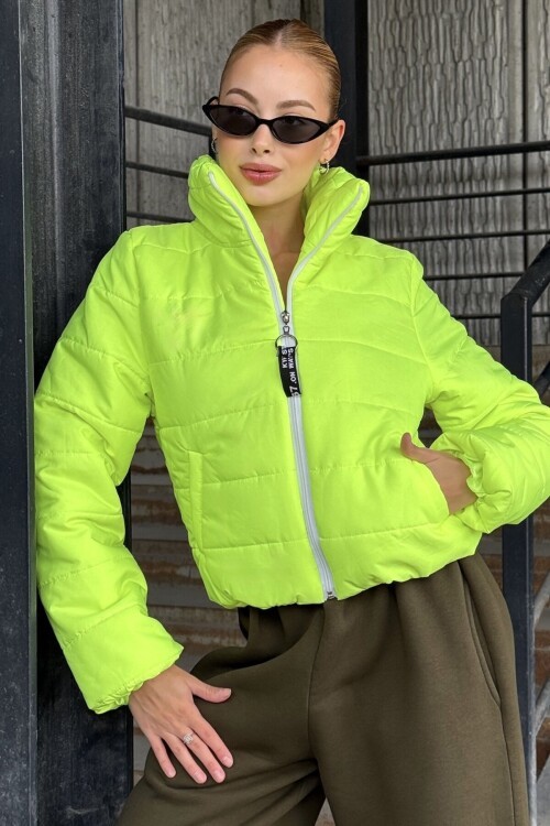 Taş Detaylı Sırt Desenli Dik Yaka Şişme Mont