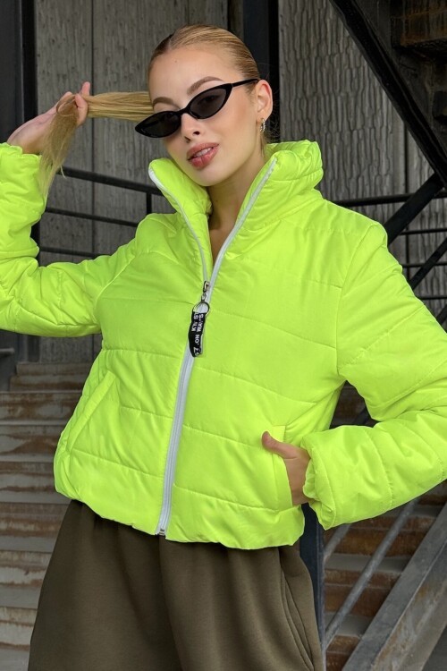 Taş Detaylı Sırt Desenli Dik Yaka Şişme Mont