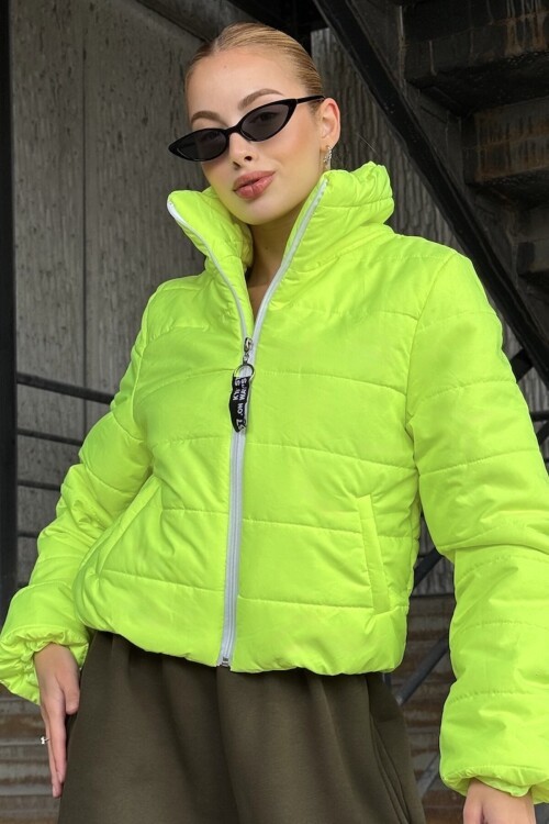 Taş Detaylı Sırt Desenli Dik Yaka Şişme Mont