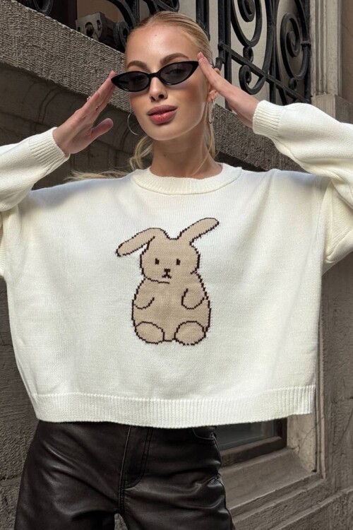 Tavşan Baskılı Bisiklet Yaka Oversize Triko Kazak