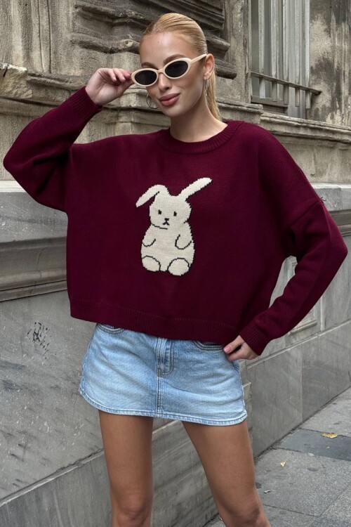 Tavşan Baskılı Bisiklet Yaka Oversize Triko Kazak