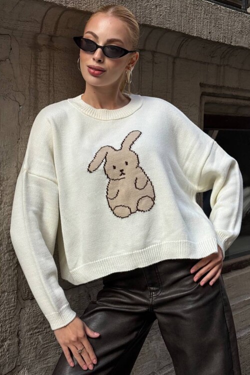 Tavşan Baskılı Bisiklet Yaka Oversize Triko Kazak