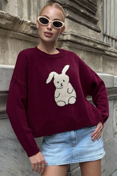 Tavşan Baskılı Bisiklet Yaka Oversize Triko Kazak