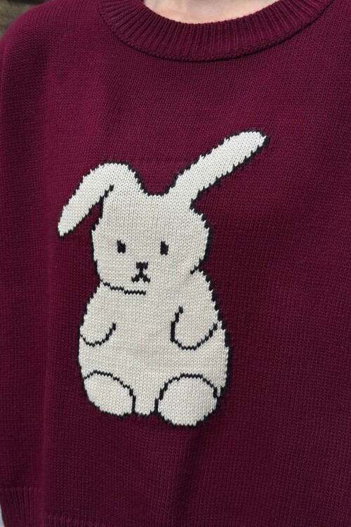 Tavşan Baskılı Bisiklet Yaka Oversize Triko Kazak