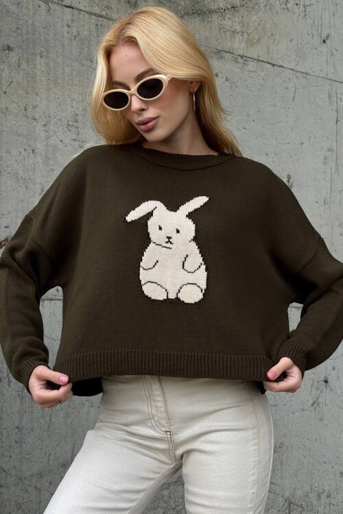 Tavşan Baskılı Bisiklet Yaka Oversize Triko Kazak