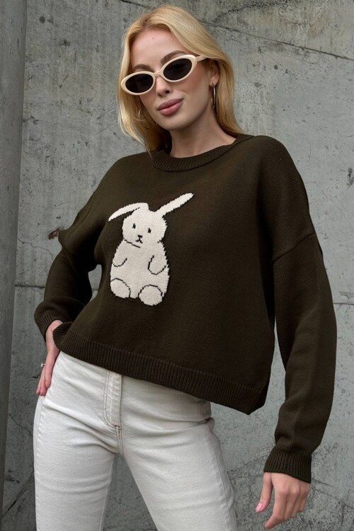 Tavşan Baskılı Bisiklet Yaka Oversize Triko Kazak