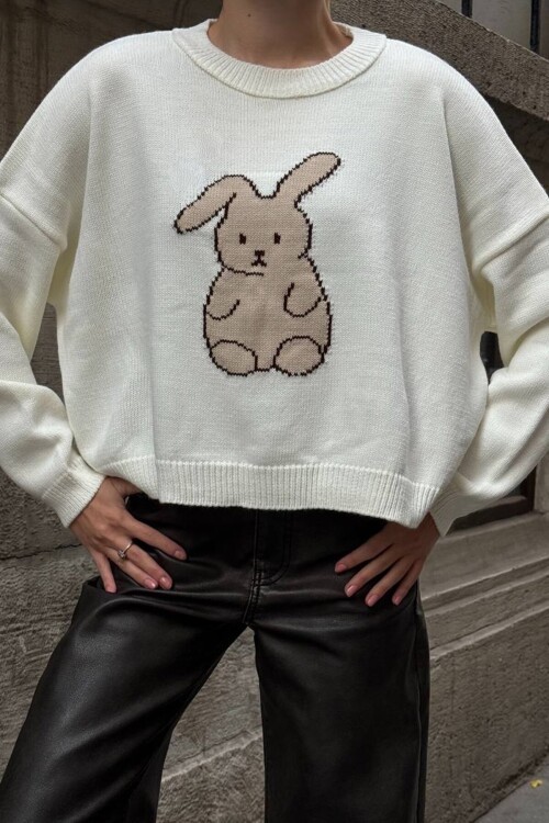 Tavşan Baskılı Bisiklet Yaka Oversize Triko Kazak