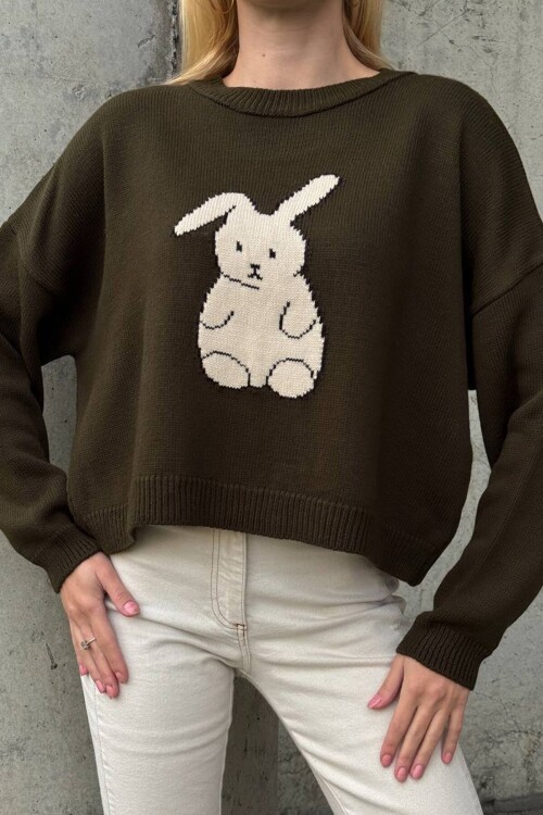 Tavşan Baskılı Bisiklet Yaka Oversize Triko Kazak