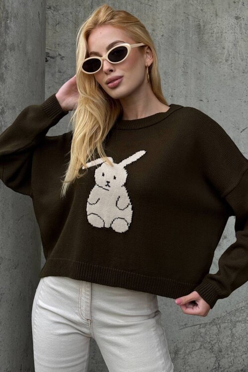 Tavşan Baskılı Bisiklet Yaka Oversize Triko Kazak