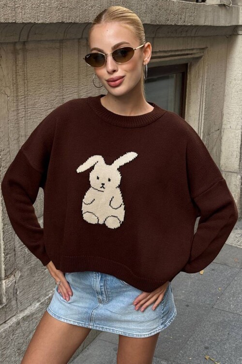 Tavşan Baskılı Bisiklet Yaka Oversize Triko Kazak