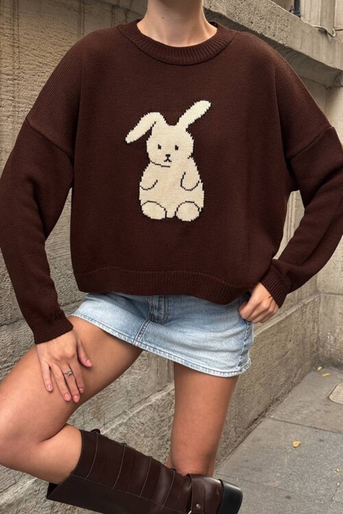 Tavşan Baskılı Bisiklet Yaka Oversize Triko Kazak