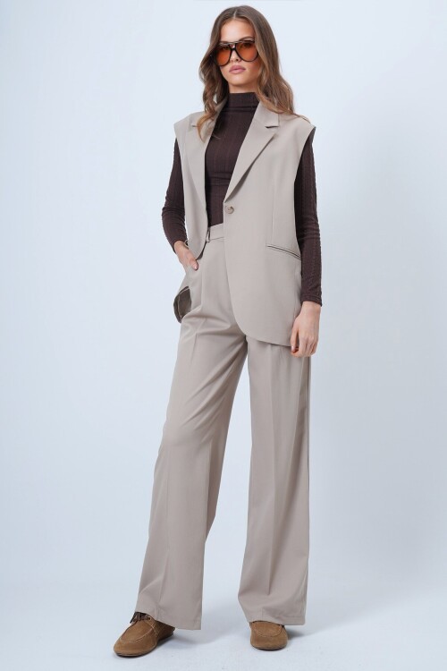 Tek Düğmeli Çift Cepli Astarlı Yelek Pantolon Takım
