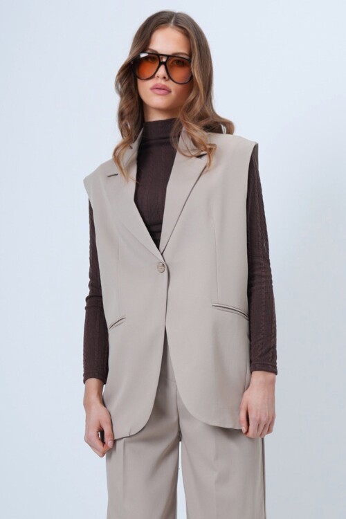 Tek Düğmeli Çift Cepli Astarlı Yelek Pantolon Takım