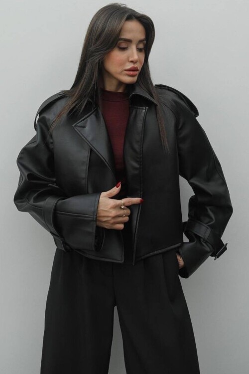 Toka Detaylı Oversize Suni Deri Ceket