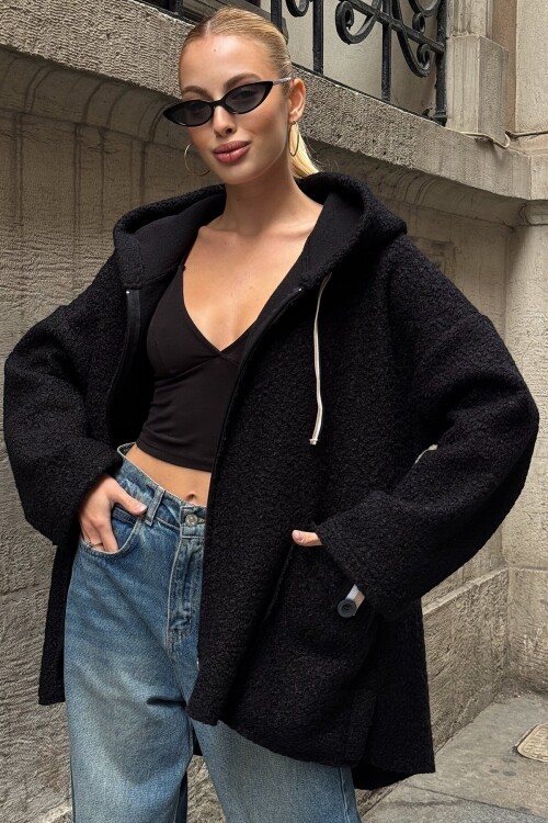 Torba Cepli Kapüşonlu Fermuar Kapamalı Kaşe Kaban