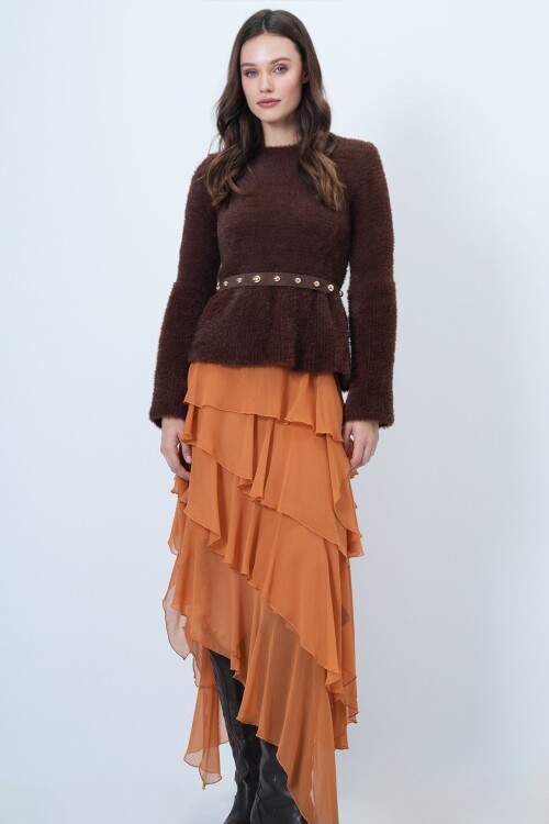 Uzun Kollu Fırfırlı Triko Yumoş  Kazak