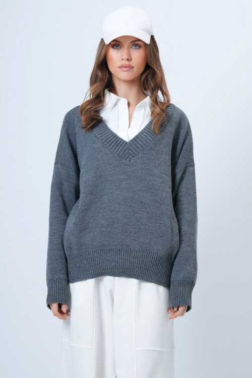 V Yaka Geniş Ribanalı Örgü Uzun Kollu Triko Kazak