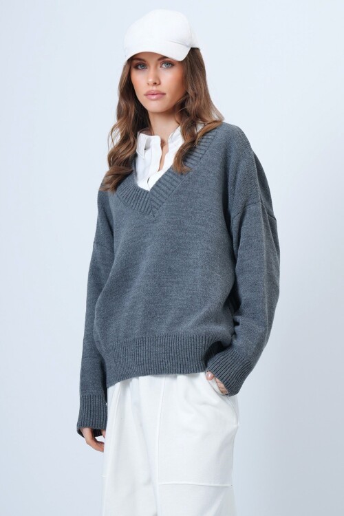 V Yaka Geniş Ribanalı Örgü Uzun Kollu Triko Kazak