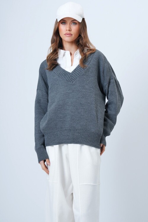 V Yaka Geniş Ribanalı Örgü Uzun Kollu Triko Kazak