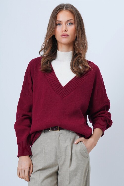 V Yaka Geniş Ribanalı Örgü Uzun Kollu Triko Kazak