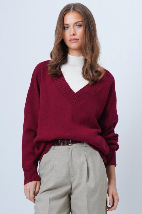 V Yaka Geniş Ribanalı Örgü Uzun Kollu Triko Kazak