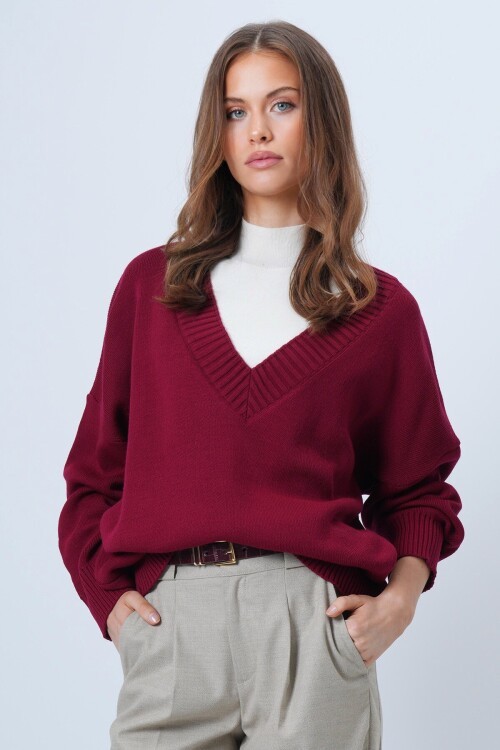 V Yaka Geniş Ribanalı Örgü Uzun Kollu Triko Kazak