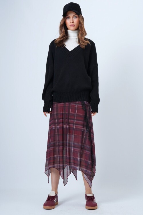 V Yaka Geniş Ribanalı Örgü Uzun Kollu Triko Kazak