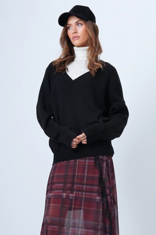 V Yaka Geniş Ribanalı Örgü Uzun Kollu Triko Kazak