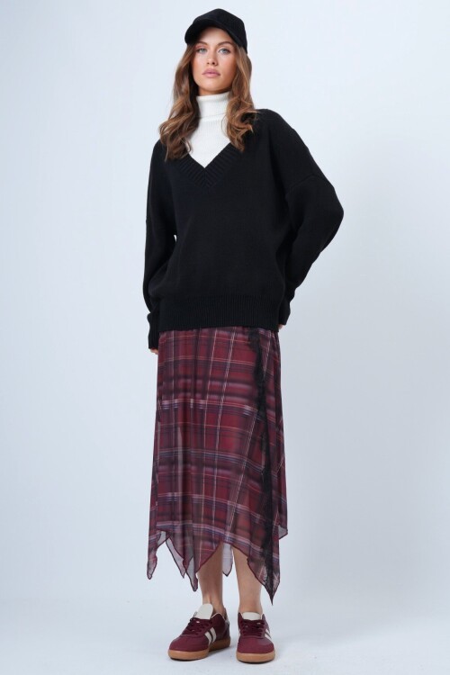 V Yaka Geniş Ribanalı Örgü Uzun Kollu Triko Kazak