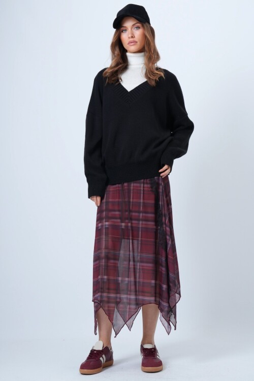 V Yaka Geniş Ribanalı Örgü Uzun Kollu Triko Kazak