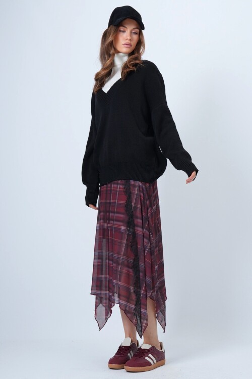 V Yaka Geniş Ribanalı Örgü Uzun Kollu Triko Kazak