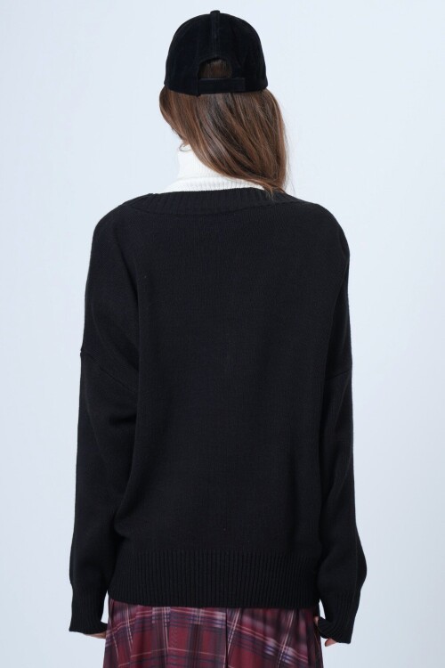 V Yaka Geniş Ribanalı Örgü Uzun Kollu Triko Kazak