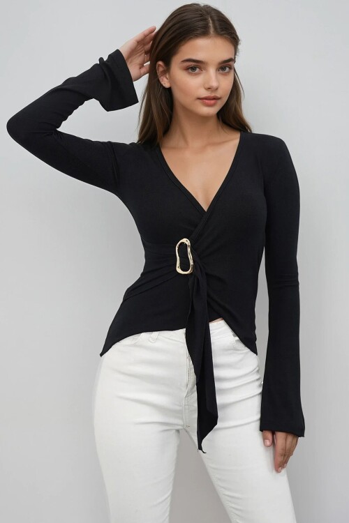 V Yaka Gold Aksesuarlı Ottaban Bluz