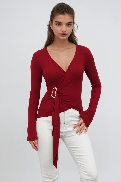 V Yaka Gold Aksesuarlı Ottaban Bluz