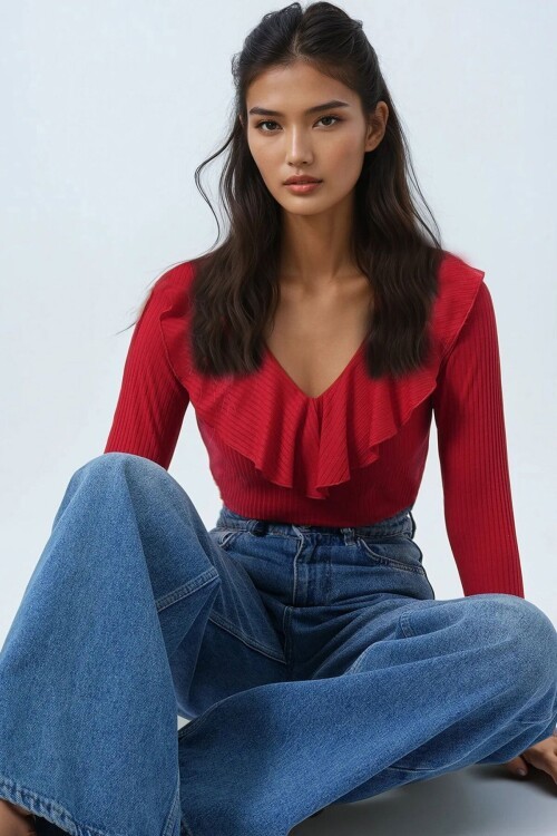 V Yaka Volanlı Yumuşak Dokulu Bluz