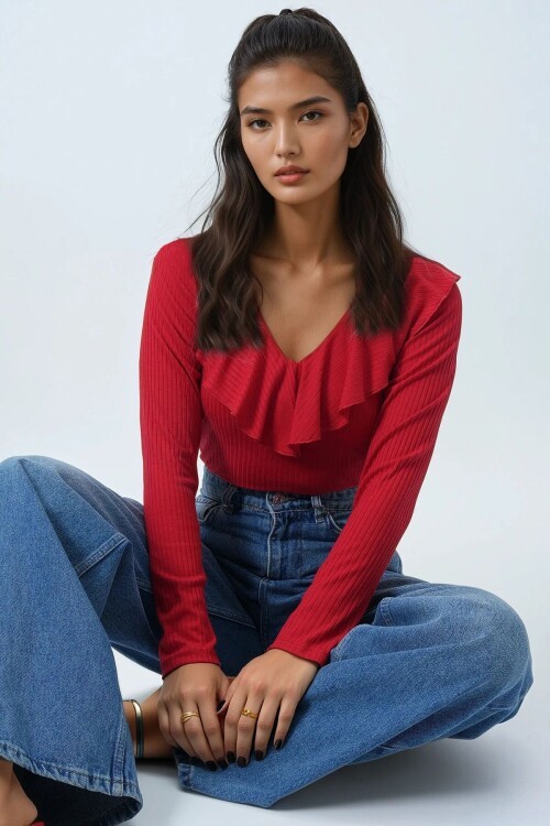 V Yaka Volanlı Yumuşak Dokulu Bluz