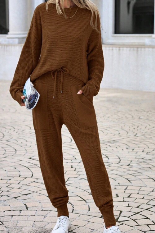 Vizon Triko Bisiklet Yaka Uzun Kollu Bluz ve Bağcıklı Jogger Pantolon Takım