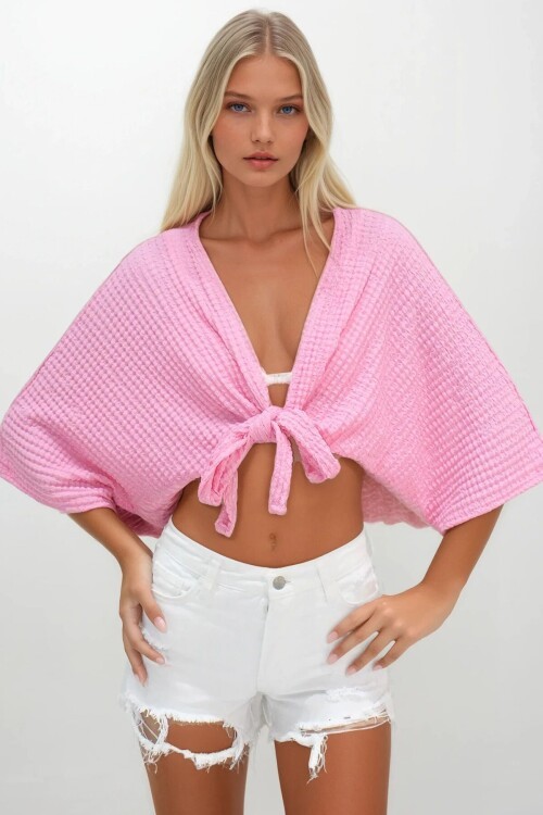 Yarasa Kol Bağlama Detaylı Bürümcük Crop Bluz