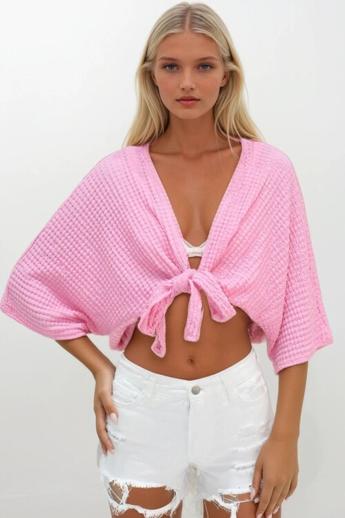 Yarasa Kol Bağlama Detaylı Bürümcük Crop Bluz