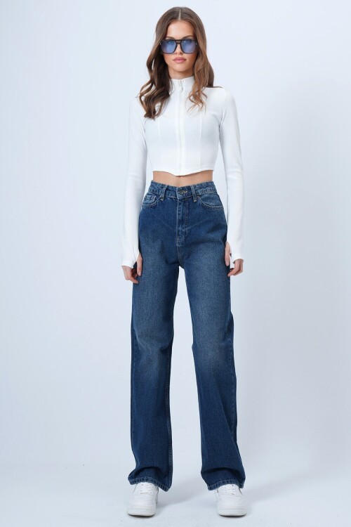 Yüksek Bel Düz Paça 5 Cepli Denim Pantolon