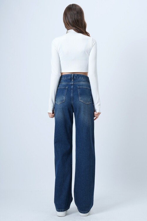 Yüksek Bel Düz Paça 5 Cepli Denim Pantolon