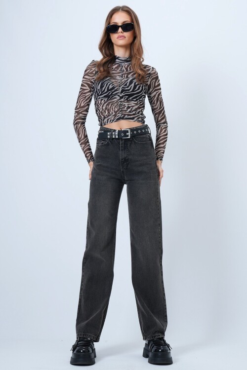 Yüksek Bel Düz Paça 5 Cepli Denim Pantolon