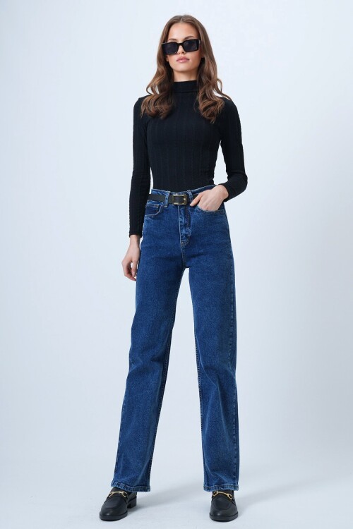 Yüksek Bel Düz Paça 5 Cepli Denim Pantolon