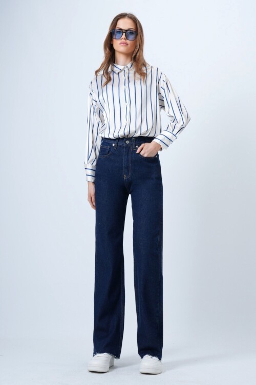 Yüksek Bel Geniş Püskül Paça 5 Cepli Denim Pantolon